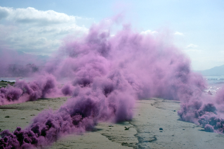 Judy Chicago, Purple Atmosphere, 1969. Fireworks performance. Performed at Santa Barbara Beach, Santa Barbara, CA. © Judy Chicago/Artists Rights Society (ARS), New York. Photo courtesy of Through the Flower Archives. Courtesy of the artist; Salon 94, New York; and Jessica Silverman Gallery, San Francisco.