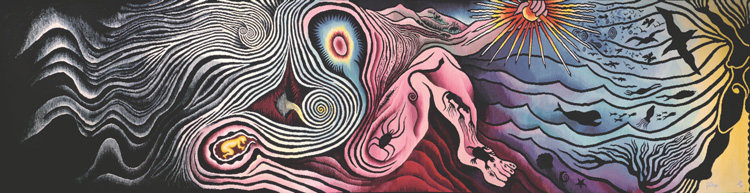 Judy Chicago. The Creation from the Birth Project, 1982. Modified Aubusson tapestry, Weaving by Audrey Cowan. 42 × 163 in. (106.7 × 414 cm). Collection of Museum of Arts and Design, New York City, Gift of the Robert and Audrey Cowan Family Trust. © Judy Chicago/Artists Rights Society (ARS), New York. Photo © Donald Woodman/ARS, New York.