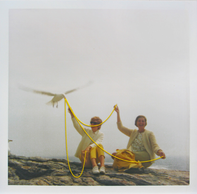 Julie Cockburn, Feed the Birds Woman, 2019. C type print of found photograph, glass beads, 92 x 92 cm. © Julie Cockburn, Courtesy of Flowers Gallery.