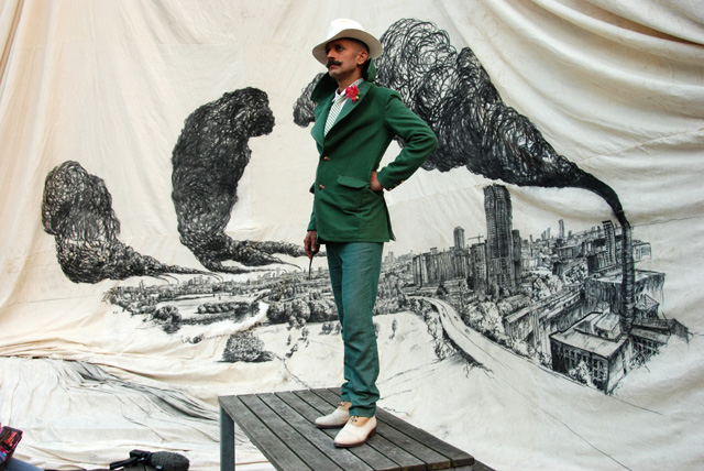 Nikhil Chopra. Coal on Cotton, 2013. Commissioned by Manchester International Festival and the Whitworth Gallery, Manchester. Costume Design Sabine Pfisterer. Photograph: Sabine Pfisterer. Image courtesy the artist.