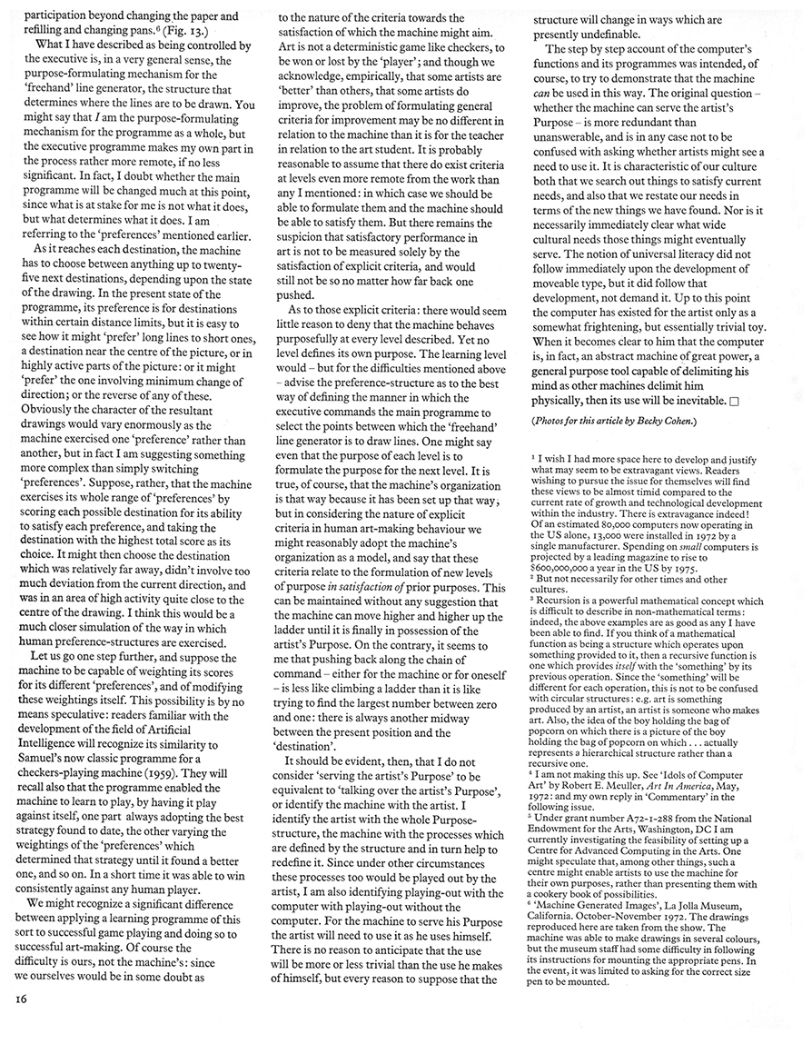 On Purpose: An enquiry into the possible roles of the computer in art. Studio International, Vol 187, No 962, January 1974, page 16.