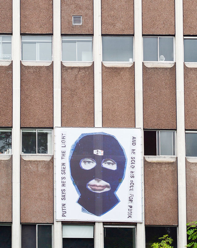 Jamie Reid. Free Pussy Riot poster 2012, adapted for Putin Trampoline external building sign, 2018.