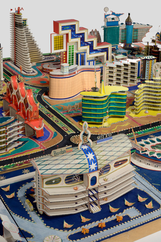 Bodys Isek Kingelez. Ville Fantôme, 1996 (detail). Paper, paperboard, plastic and other various materials, 47 1/4in × 8ft 8 7⁄16in × 7ft 10 1⁄2in (120 × 570 × 240 cm). CAAC – The Pigozzi Collection, Geneva. © Bodys Isek Kingelez. Photograph: Maurice Aeschimann. Courtesy CAAC – The Pigozzi Collection.