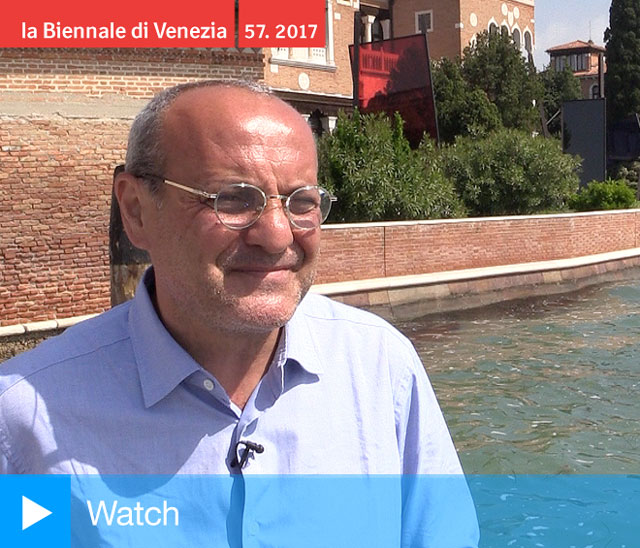 José Pedro Croft talking to Studio International at the opening of Uncertain Measure at the Portuguese Pavilion, Villa Hériot, Giudecca, Venice 2017. Photograph: Martin Kennedy.