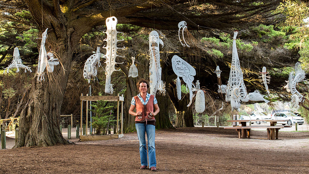 Jenny Crompton. Sea Country Spirits, 2016. Lorne Sculpture Biennale. Recycled copper wire, shells, feathers, roo bones, grass tree fronds and paint.