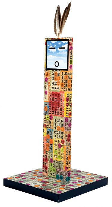 Marcus Cadman, Kachina: Bingo Sheet "Please God Let Me Win, 2005. Mixed media, Bingo sheets, currency, duck feathers, acrylic paint, wood 30 1/2 x 12 x 12 in. Collection of the artist. Credit: Aztec Media