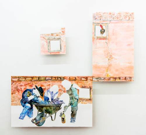 Fernanda Chieco. O galo, as janelas, o carrinho, os bêbados (The rooster, the windows, the wheelbarrow, the drunks), Gone Series, 2014. Watercolour on paper in three parts, (windows) 37.5 x 35 cm, (rooster) 76 x 57,2 cm, (wheelbarrow) 70.5 x 113 cm. Photograph: Pedro Victor Brandão.