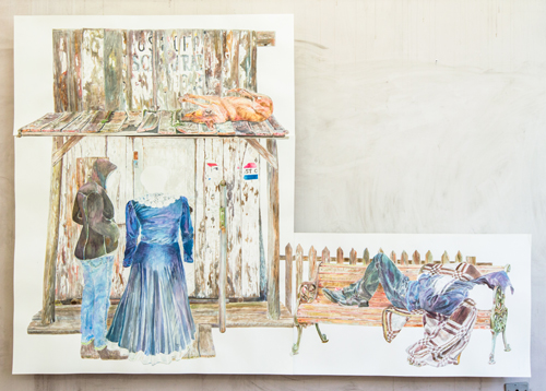 Fernanda Chieco. O cachorro, o correio, o casal, o dorminhoco (The dog, the post office, the couple and the sleeper), Gone Series, 2014. Watercolour on paper in three parts, (dog) 58 x 134.5 cm, (couple) 113.7 x 134.5 cm (sleeper) 68 x 114 cm. Photograph: Pedro Victor Brandão.