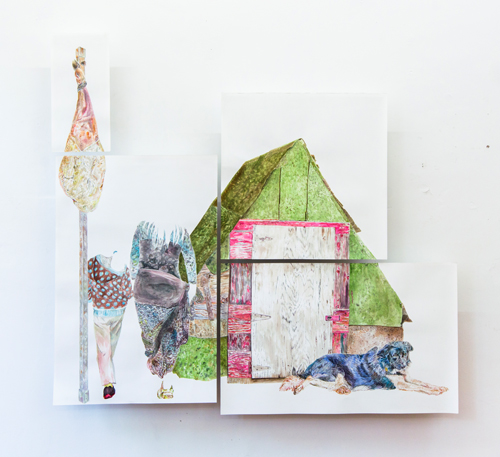 Fernanda Chieco. O cão, o presunto, a casinha, as passantes (The dog, the ham, the little house and the bystanders), Gone Series, 2014. Watercolour on paper in four parts, (ham) 49.5 x 20.5 cm, (house) 70 x 70 cm, (bystanders) 103.2 x 67.5 cm, (dog) 63.4 x 99.7 cm. Photograph: Pedro Victor Brandão.