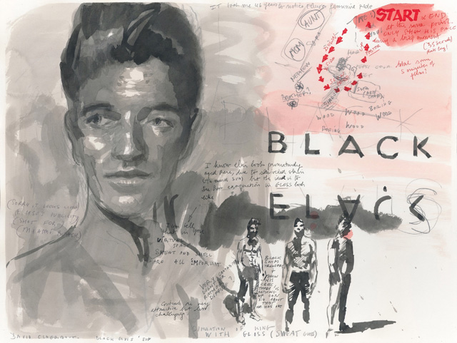 David Claerbout. Black Elvis, 2015. Washed ink, felt pen and pencil on paper, 18 1/8 x 24 in (46 x 61 cm). © David Claerbout. Courtesy of the artist and Sean Kelly.