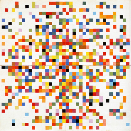 Ellsworth Kelly.
Spectrum Colours Arranged by Chance II, 1951.
Cut-and-pasted colour-coated paper and pencil on four sheets of paper, 38 1/4 x 38 1/4" (97.2 x 97.2 cm). The Museum of Modern Art, New York. Purchased with funds given by Jo Carole. Copyright © Ellsworth Kelly. Photo: Digital Image copyright © 2009 The Museum of Modern Art/Scala, Florence.