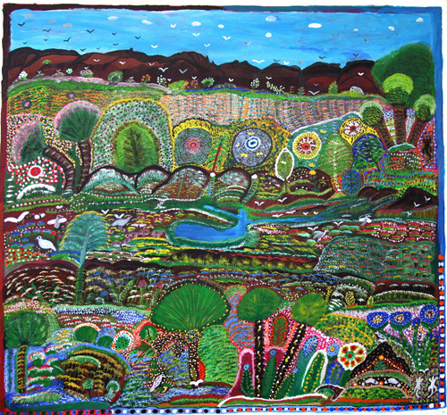 Gertie Huddleston. Ngukurr Landscape with Cycads, 1997. Synthetic polymer paint on canvas, 143 x 134 cm. Museum and Art Gallery of the Northern Territory Collection. Purchased through the Shell Development Australia Aboriginal Art Acquisition Fund.