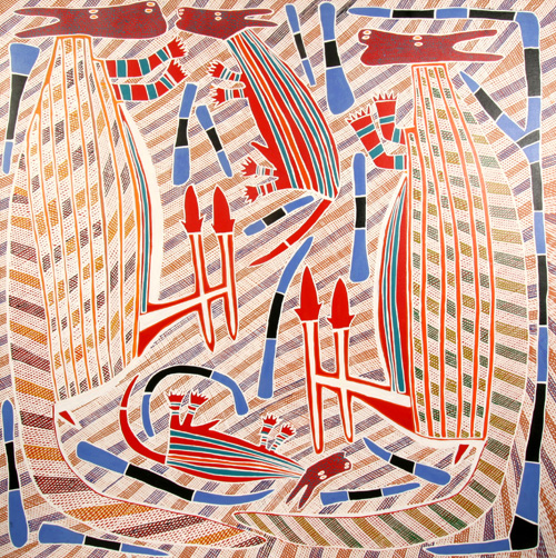 Djambu Barra Barra. Two Kangaroos and two Dogs, 2005. Synthetic polymer paint on canvas, 120 x 120 cm. Private collection, Sydney.