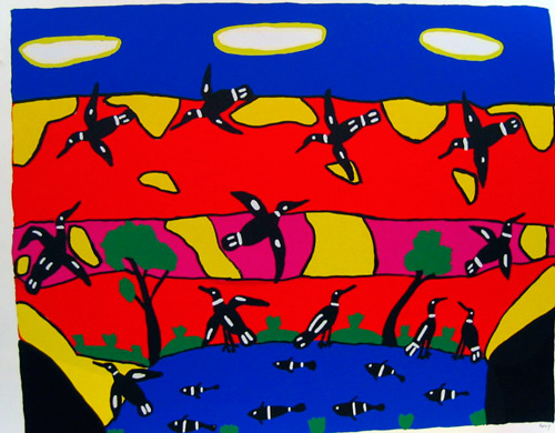Amy Jirwulurr Johnson. Busy Birds, 2002. Silkscreen on paper, 51 x 65 cm. Wagga Wagga Art Gallery Collection.