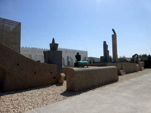 Katari Cultural Center, Doha, Qatar - exterior with sculpture on exhibition.