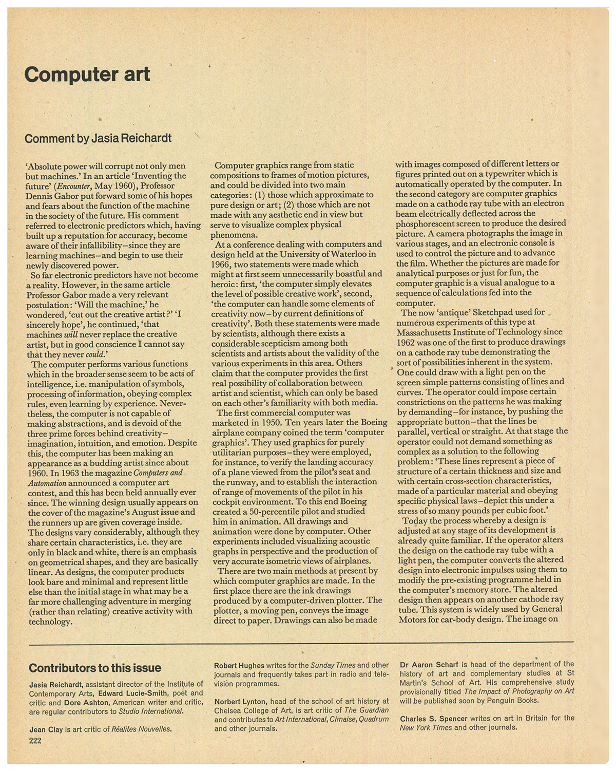 Computer art. Comment by Jasia Reichardt. Studio International, Vol. 173, No. 889, May 1967, pp 222.