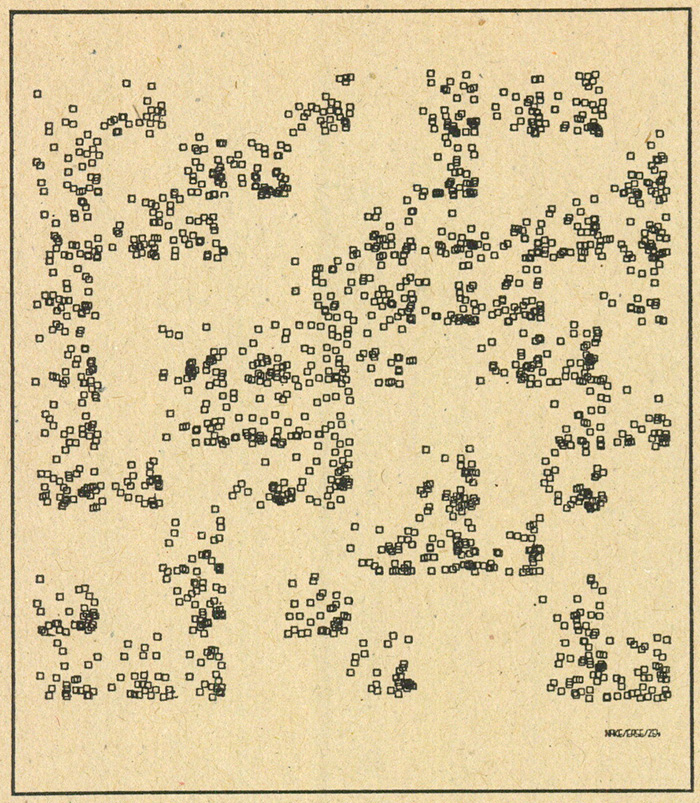 Computer graphic by Frieder Nake, Stuttgart, the prize winning entry of the annual  computer art contest organized by Computers and Automation in 1966. Computer art. Comment by Jasia Reichardt. Studio International, Vol. 173, No. 889, May 1967, page 223.