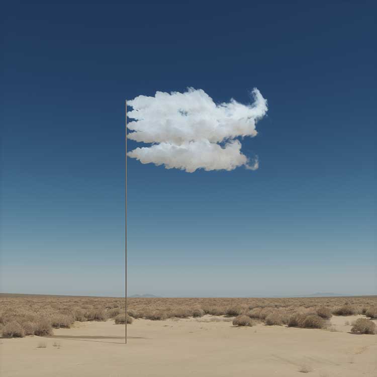 John Gerrard, STANDARD (formerly Surrender (Flag) 2023). Formed from plumes of water vapour evaporating in a desert landscape. Presented in high resolution on a large outdoor LED screen, Surrender (Flag) 2023, is a continuous simulation made using real-time computer graphics software.