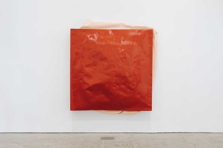 Angela de la Cruz, Shutter (Red), 2017. Installation view, UPRIGHT, Ikon Gallery, Birmingham, 2026. Image courtesy Ikon. Photo: Tom Bird.