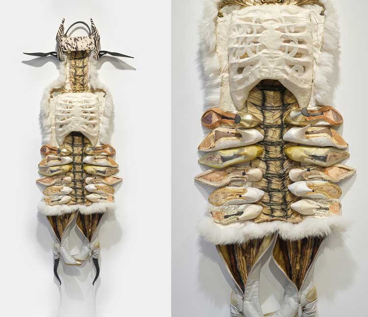 Anindita Dutta, Garden of Ripped Shoes - 01, 2025, used shoes, animal horn, purse, animal hide, hand stitched rib cage, used leather coat, 81 x 33 x 7 in. Photo: Martin Seck