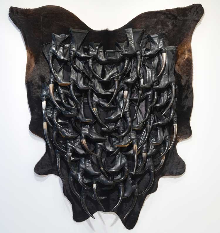 Anindita Dutta, Sex,Sexuality and Society - BOTSWANA, 2023, used shoes, animal horn, hide, 91 x 81 x 13 in. Photo: Martin Seck