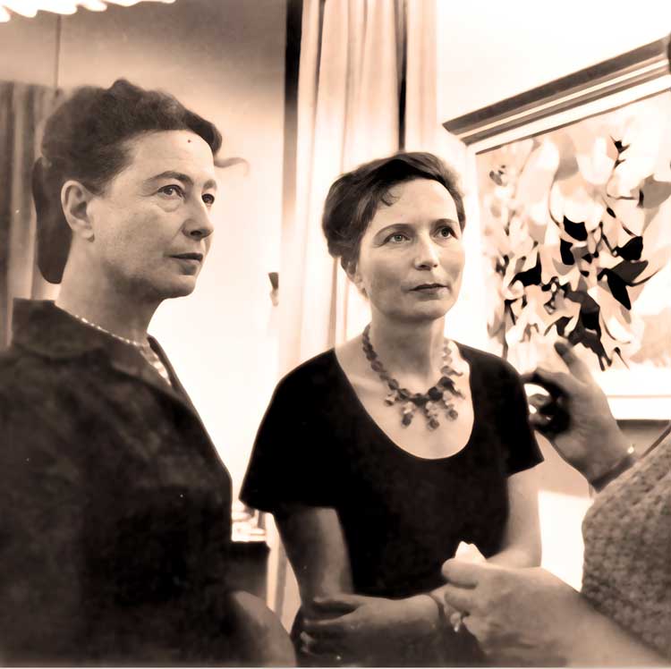 Left to right: Simone de Beauvoir, Hélène de Beauvoir, at Hélène de Beauvoir's exhibition opening, 1960s. Copyright All Rights Reserved. Courtesy Amar Gallery, © APP, Ute Achhammer.