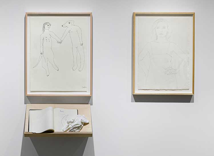 Left: Emilie Louise Gossiaux, True Love Will Find You in the End, 2021. Emilie Goussiaux, Sketchbook, 2022-23. Right: Alex Katz, Anastasia, n.d. Photo: © Etienne Frossard. Courtesy of National Academy of Design.