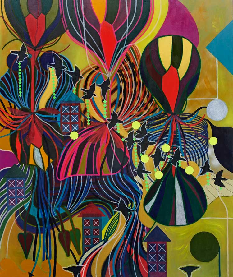 Tiffanie Delune, Everywhere is Foreign, Everywhere is Home, 2023. Mixed media on cotton canvas, 180 x 150 cm. Courtesy of the artist and Gallery 1957.