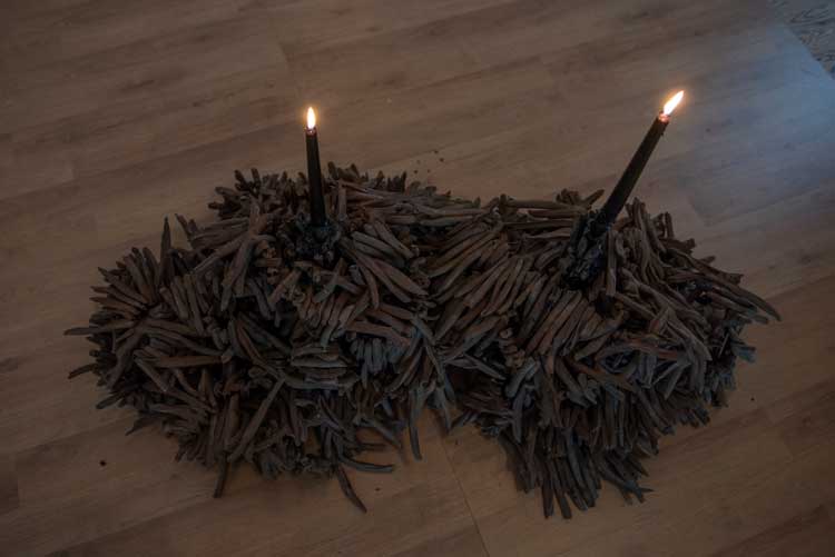 Chiara Camoni. SISTER 4, 2017. Clay, steel wire, candles, fire.