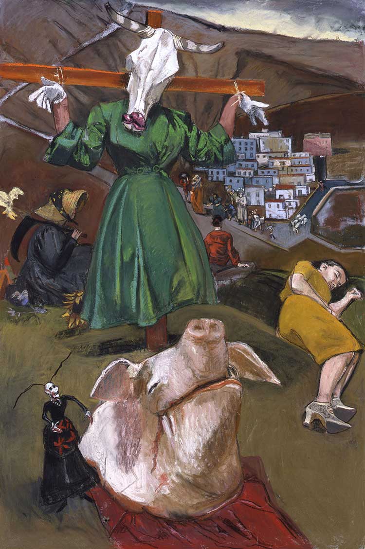 Paula Rego. Scarecrow and the Pig, 2005. Pastel on board, 180 x 120 cm. © Ostrich Arts Ltd. Courtesy Ostrich Arts Ltd and Victoria Miro.
