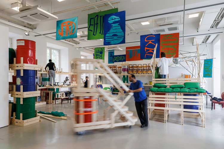Documenta 15: El Warcha, Clever ways of stacking chairs, 2022, installation view, Fridericianum, Kassel, 11 June 2022. Photo: Frank Sperling.