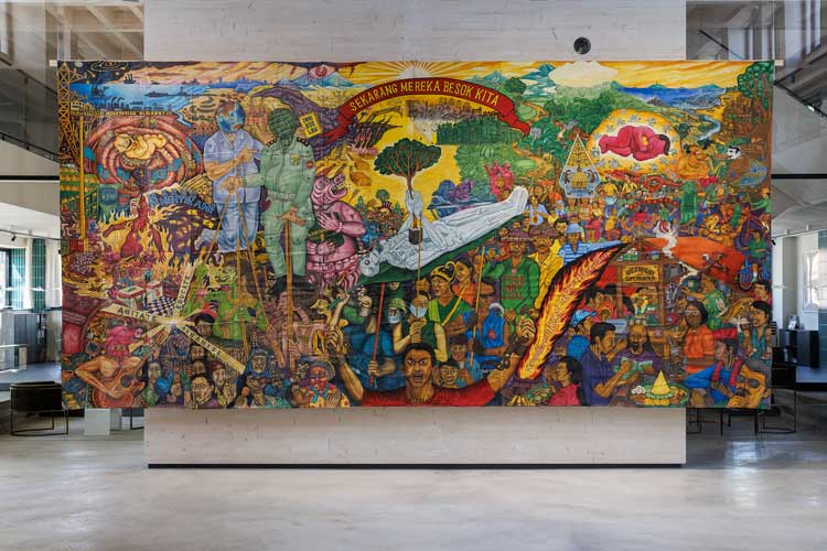 Documenta 15: Taring Padi, Sekarang Mereka, Besok Kita (Today they’ve come for them, tomorrow they come for us), 2021, installation view, Hallenbad Ost, Kassel, 12 June 2022. Photo: Frank Sperling.