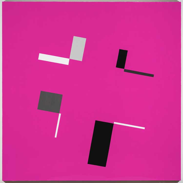 David Diao. Rietveld’s Berlin Chair parts describing a square, magenta, 2021. Acrylic on canvas, 84 x 84 in
(213 x 213 cm). Image courtesy Postmasters Gallery, New York.