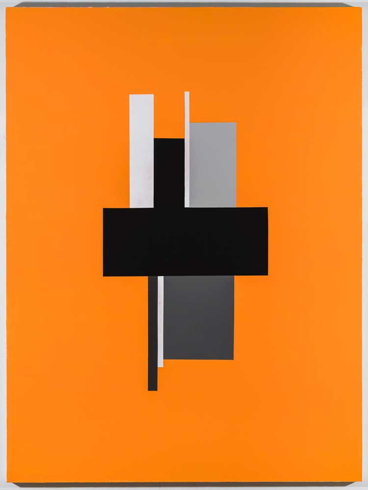 David Diao. Rietveld’s Berlin Chair parts in one layer, orange, 2021. Acrylic on canvas, 60 x 45 in
(152 x 114 cm). Image courtesy Postmasters Gallery, New York.