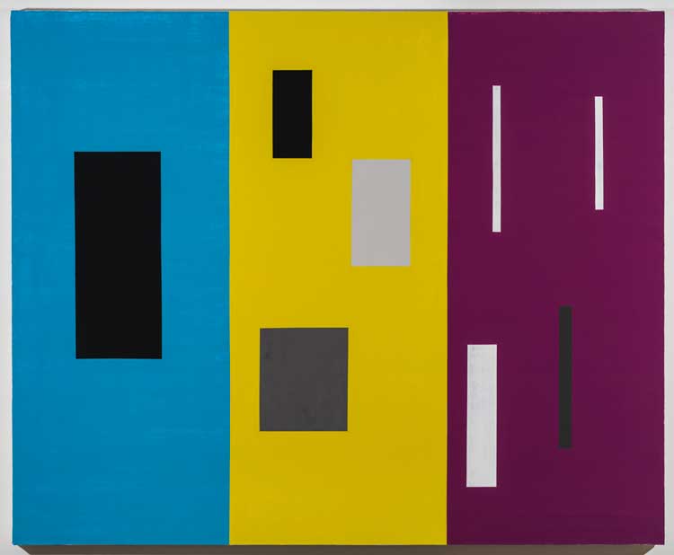 David Diao. Rietveld’s Berlin Chair parts on 3 color ground, vertical, 2021
. Acrylic on canvas, 54 x 66 in (137 x 167.5 cm). Image courtesy Postmasters Gallery, New York.