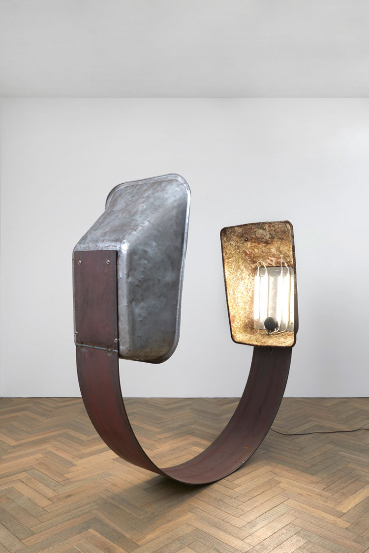 Alexandre da Cunha. Sentinella I, 2019. Wheel barrows, steel, strip lights, fittings, 156 x 158 x 60 cm (61 3/8 x 62 1/4 x 23 5/8 in). © Alexandre da Cunha. Courtesy the artist and Thomas Dane Gallery. Photo: Ben Westoby.