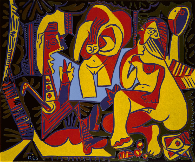 Pablo Picasso, ‘Le Déjeuner sur l’herbe’ after Manet, I, Mougins, 26 January–13 March 1962. Linocut, fifth state. Artist’s proof on Arches wove paper, printed in six passes in purple, yellow, red, green, blue and black, 62 x 75.2 cm. Musée national Picasso-Paris. Pablo Picasso Gift in Lieu, 1979. MP3488. Photo © RMN-Grand Palais (Musée national Picasso-Paris) / Marine Beck-Coppola. © Succession Picasso/DACS 2019.