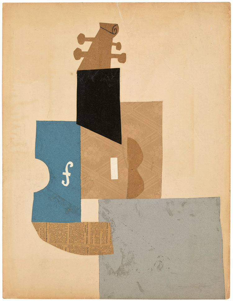 Pablo Picasso, Violin, Paris, autumn 1912. Laid paper, wallpaper, newspaper, wove wrapping paper and glazed black wove paper, cut and pasted onto cardboard, with pencil and charcoal, 65 x 50 cm. Musée national Picasso-Paris. Pablo Picasso Gift in Lieu, 1979. MP367. Photo © RMN-Grand Palais (Musée national Picasso-Paris) / Mathieu Rabeau. © Succession Picasso/DACS 2019.