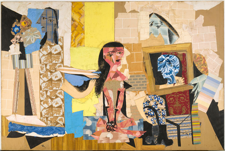Pablo Picasso, Femmes à leur toilette, Paris, winter 1937–38. Collage of cut-out wallpapers with gouache on paper pasted onto canvas, 299 x 448 cm. Musée national Picasso-Paris. Pablo Picasso Gift in Lieu, 1979. MP176. Photo © RMN-Grand Palais (Musée national Picasso-Paris) / Adrien Didierjean. © Succession Picasso/DACS 2019.