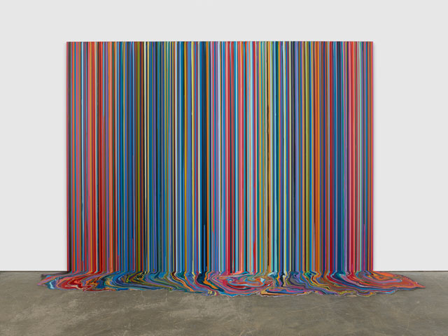 Ian Davenport. Mirrored Place, 2017. Acrylic on stainless steel mounted onto aluminium panel (with additional floor section), 118 1/8 x 157 1/2 in (300 x 400 cm). Courtesy Waddington Custot.