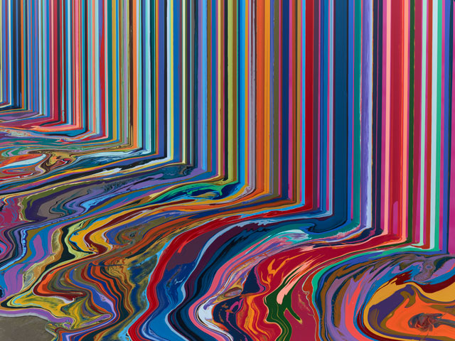Ian Davenport. Mirrored Place, 2017 (detail). Acrylic on stainless steel mounted onto aluminium panel (with additional floor section), 118 1/8 x 157 1/2 in (300 x 400 cm). Courtesy Waddington Custot.