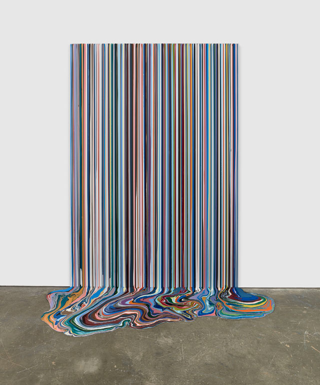 Ian Davenport. Olympia, 2018. Acrylic on aluminium mounted onto aluminium panel (with additional floor section), 114 1/4 x 78 3/4 in (290 x 200 cm). Courtesy Waddington Custot.