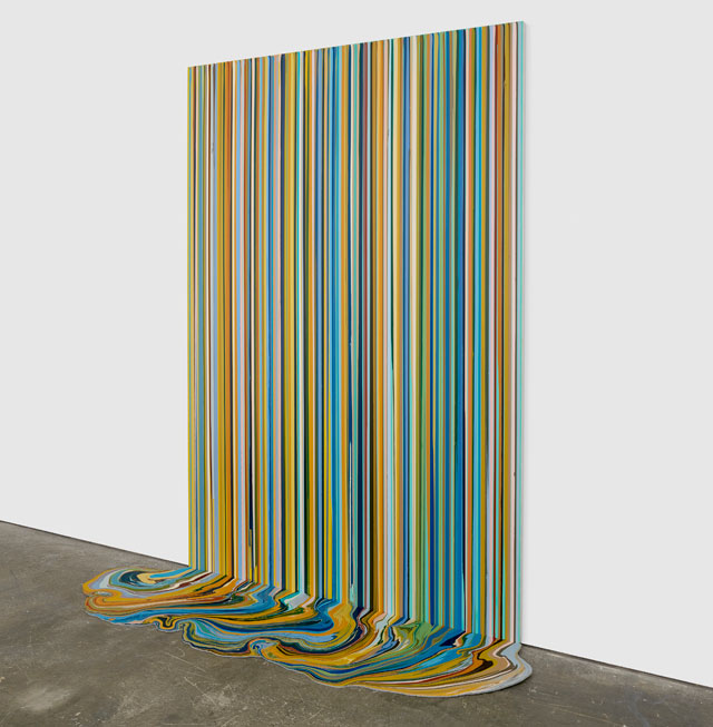 Ian Davenport. La Cra, Harvest (After Van Gogh), 2018. Acrylic on aluminium mounted onto aluminium panel (with additional floor section), 114 1/4 x 78 3/4 in (290 x 200 cm). Courtesy Waddington Custot.