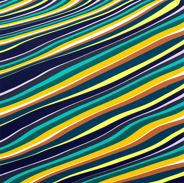 Ian Davenport. Delta, 2018. Acrylic on aluminium mounted onto aluminium panel, 31 1/2 x 31 1/2 in (79.8 x 79.8 cm). Courtesy Waddington Custot.
