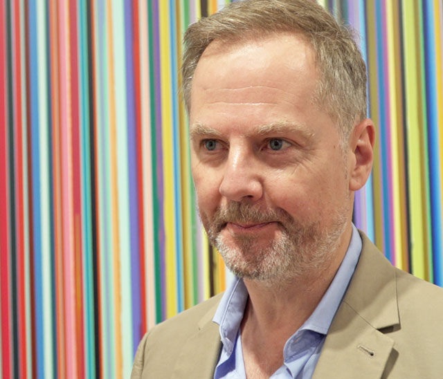 Ian Davenport talking to Studio International about his exhibition Colourscapes, at Waddington Custot Gallery, London, 18 September 2018. Photo: Martin Kennedy.