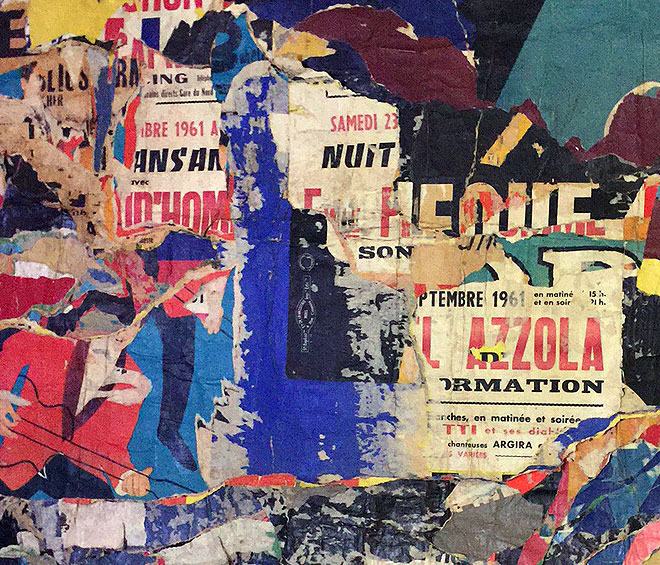 Jacques Mahé de la Villeglé. Jazzmen, 1961. Torn papers mounted on canvas, 217 x 177 cm. Installation view. Photograph: Jill Spalding.