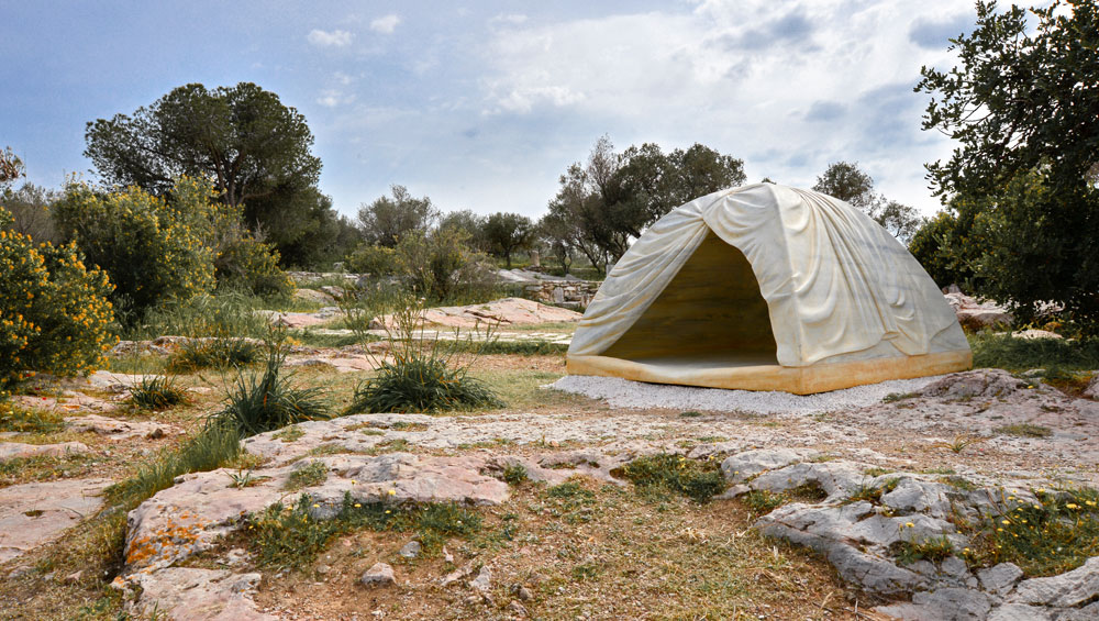 Rebecca Belmore. Biinjiya'iing Onji (From inside), 2017. Marble, Filopappou Hill, Athens, documenta 14. Photograph: Fanis Vlastaras.