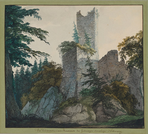 Carl Philipp Fohr (1795-1818). The Ruins of Hohenbaden, 1814-15. Watercolour on wove paper; ruled border in brown ink; partially laid down on the original green wove paper album folio, 195 x 221 mm. The Morgan Library & Museum.
