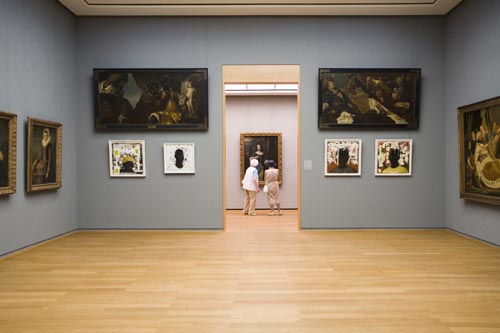 Kerry James Marshall, Exposition view of The Lost Boys between old paintings in Schloß Wilhelmshöhe. © Kerry James Marshall, 1993. Photo: Frank Schinski/documenta GmbH.