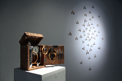 Anna Dumitriu. Pneumothorax Machine and Where There's Dust There's Danger as part of The Romantic Disease. An Artistic Investigation of Tuberculosis. Installation view at Watermans, London, 2014. Photograph: Alex May.